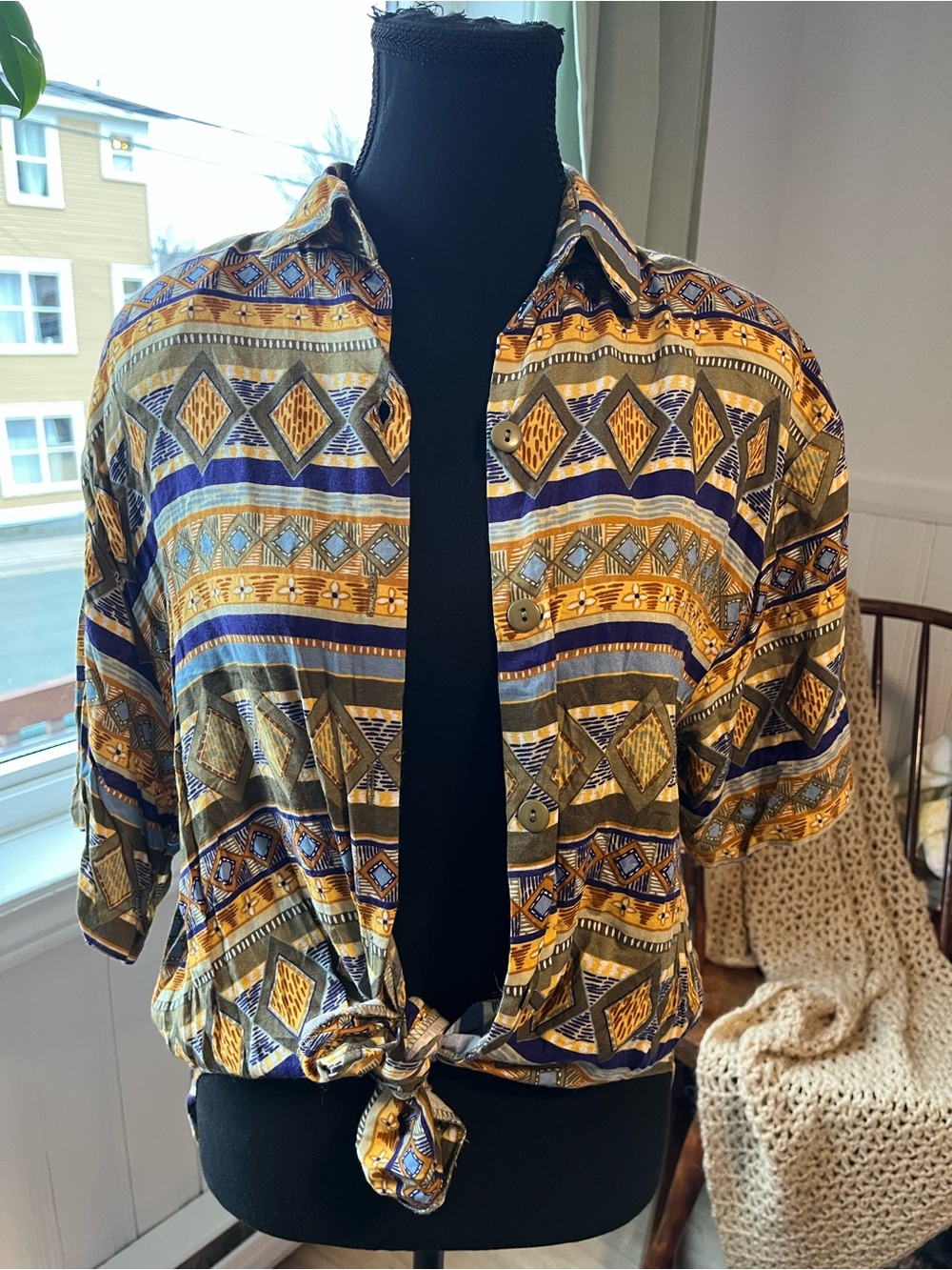 Vintage Geometric Button Front Shirt - Mustard, Navy, Olive Size Medium